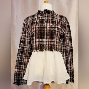 SHEIN Plaid Frayed Blouse with White Contrast